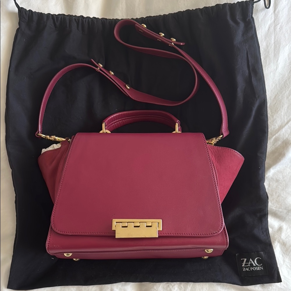 ZAC Zac Posen burgundy red and gold leather hand bag with shoulder strap